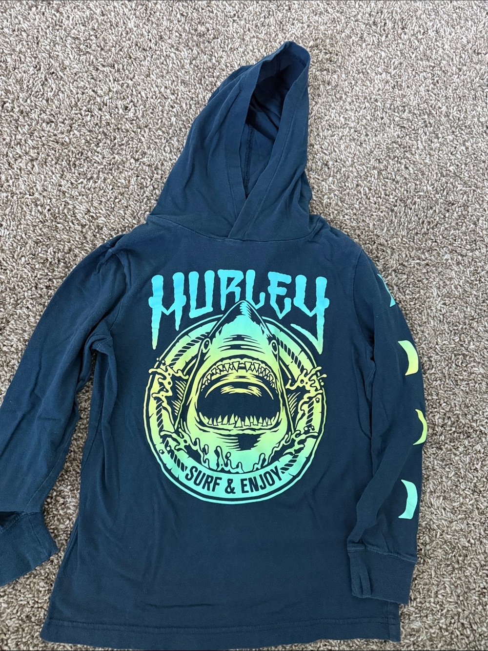 Hurley Black Hoodie with Neon Blue and Neon Green Shark Graphic